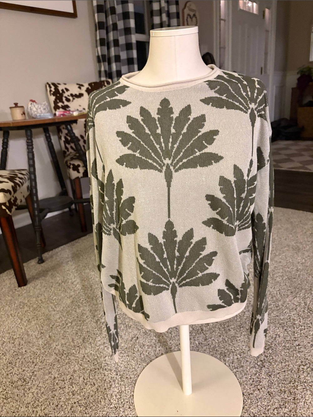 LOFT Sage and Cream Leaf-Print Crewneck Sweater